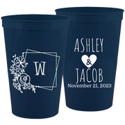 Wedding 112 - Last Name Initial With Box And Flowers - 16 oz Plastic Cups