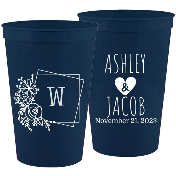 Wedding 112 - Last Name Initial With Box And Flowers - 16 oz Plastic Cups