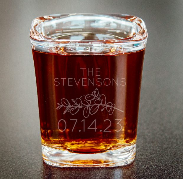Shot Glass with Custom Engraved Last Name & Date w/ Foliage