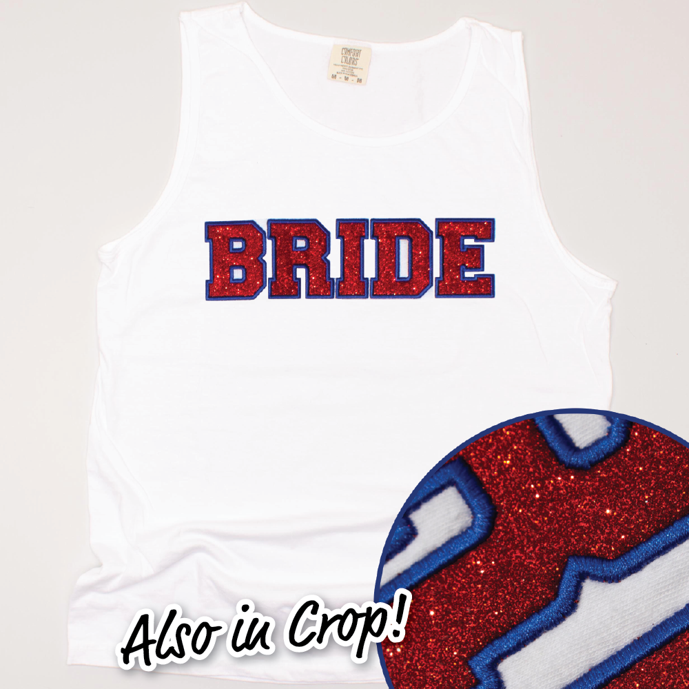 4th of July Shirt Glitter Tank Top Bride Red Glitter with Columbia Blue Thread On White Large Standard