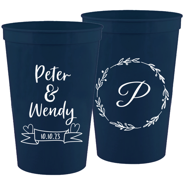 Wedding 101 - Last Name Initial With Wreath - 16 oz Plastic Cups