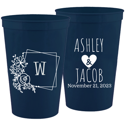 Wedding - Last Name Initial With Box And Flowers - 16 oz Plastic Cups 112