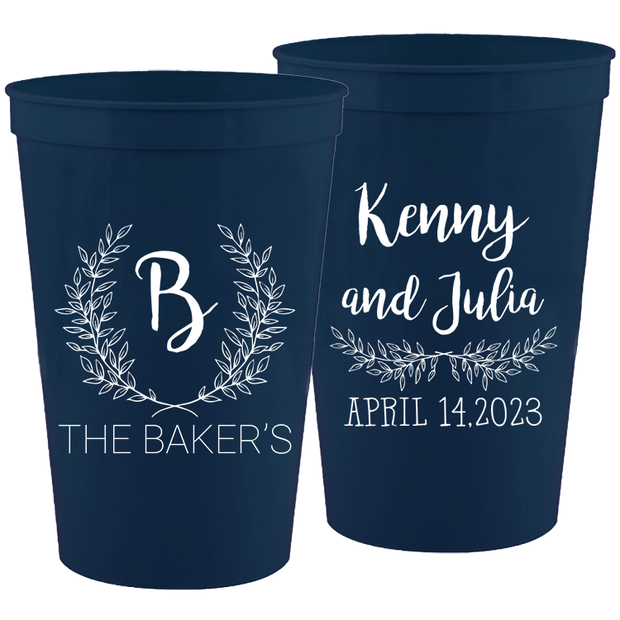 Wedding 147 - Last Name Initial With Leaves - 16 oz Plastic Cups