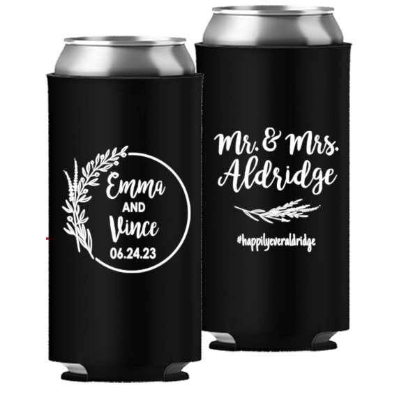 Wedding 110 - Mr & Mrs Last Name And Leaves - Foam Slim Can