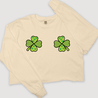 St. Patricks Day Long Sleeve T-Shirt Vintage Cropped - Clover Boob