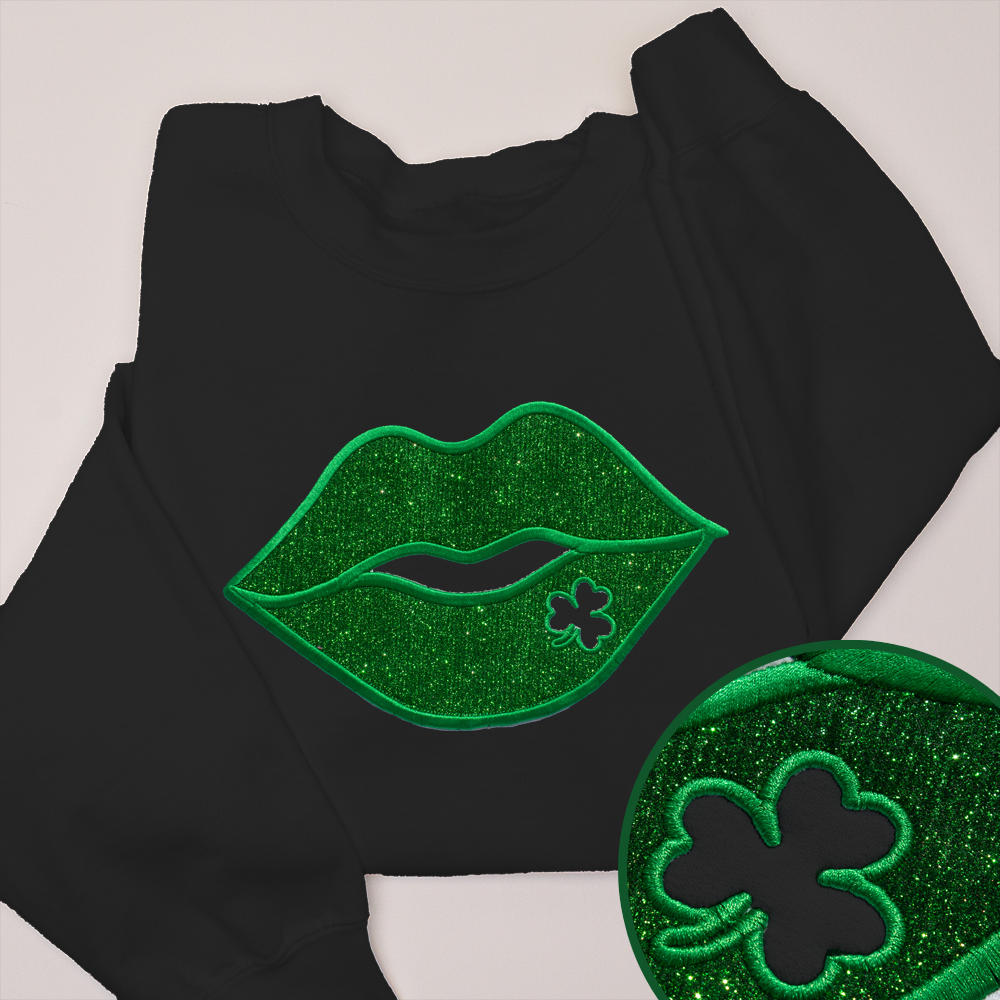 St. Patricks Day Sweatshirt - Clover Lips Glitter Black / 2X-Large St. Patricks Day Sweatshirt - Clover Lips Glitter Black / 2X-Large