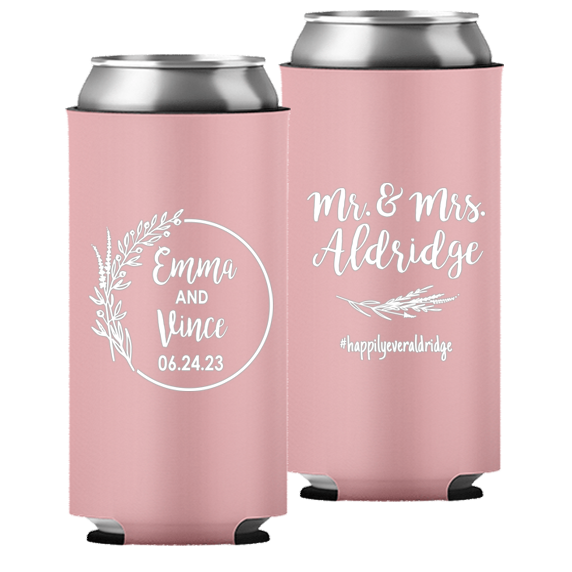 Wedding 110 - Mr & Mrs Last Name And Leaves - Foam Slim Can