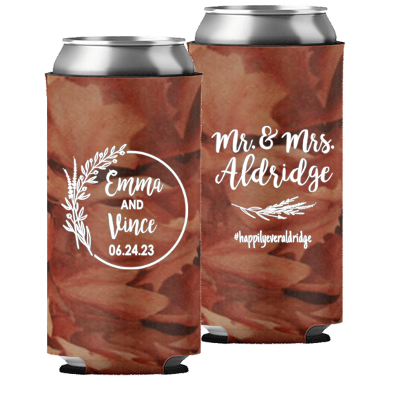 Wedding 110 - Mr & Mrs Last Name And Leaves - Foam Slim Can