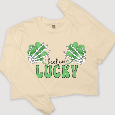 St. Patricks Day Long Sleeve T-Shirt Vintage Cropped - Feeling Lucky