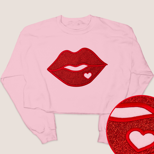 Valentine Kiss - Valentines Glitter - Cropped Sweatshirt