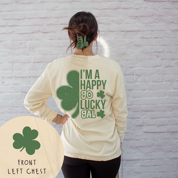 St. Patricks Day Long Sleeve T-Shirt Vintage - Happy Go Lucky Gal - Full Back