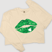 St. Patricks Day Long Sleeve T-Shirt Vintage Cropped - Clover Lips