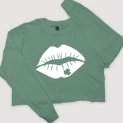 St. Patricks Day Long Sleeve T-Shirt Vintage Cropped - Clover Lips