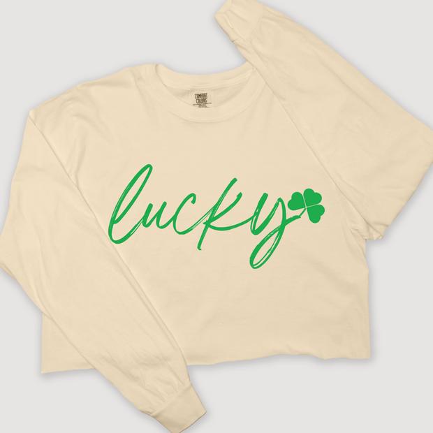 St. Patricks Day Long Sleeve T-Shirt Vintage Cropped - Lucky Shamrock