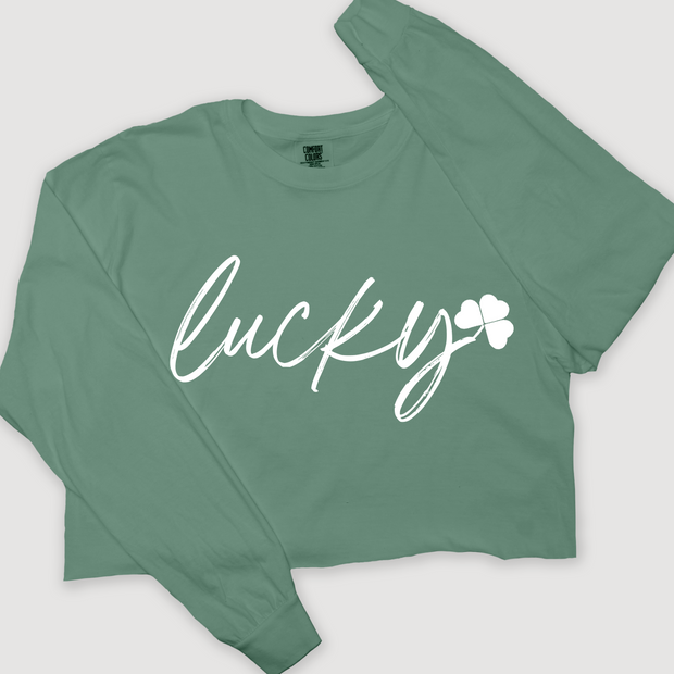 St. Patricks Day Long Sleeve T-Shirt Vintage Cropped - Lucky Shamrock