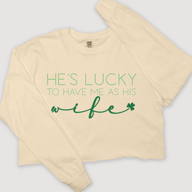 St. Patricks Day Long Sleeve T-Shirt Vintage Cropped - He's Lucky Wife