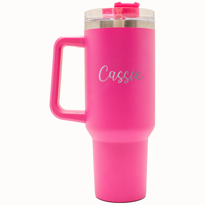 Custom Name - Laser Engraved - 40oz Pink Tumbler with Handle