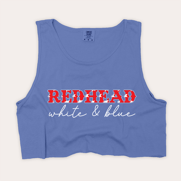 4th Of July Shirt Crop Tank Top - Redhead, White & Blue