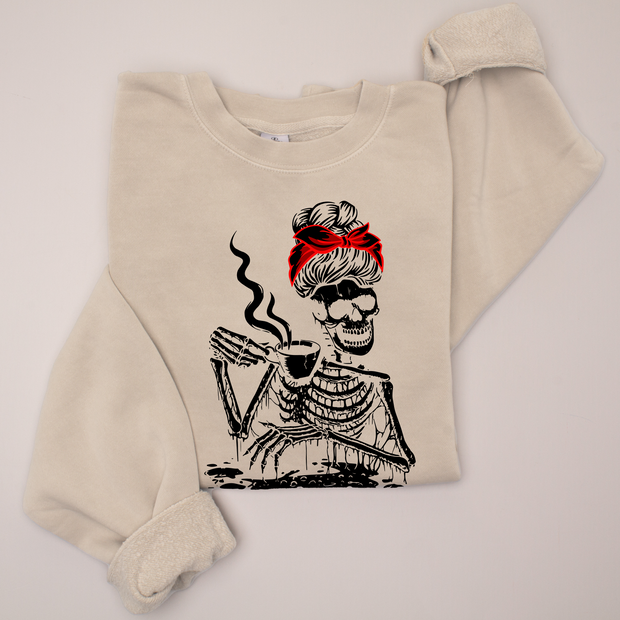 Skeleton Latte Lady Black & Red Print / High End - Halloween Sweatshirt