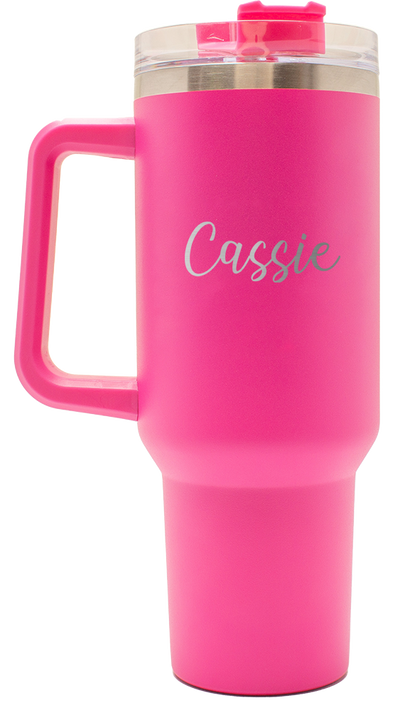 Custom Name - Laser Engraved - 40oz Pink Tumbler with Handle