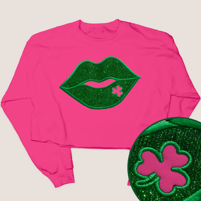 St. Patricks Day Sweatshirt Crop  - Clover Lips Glitter