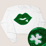 St. Patricks Day Sweatshirt Crop  - Clover Lips Glitter