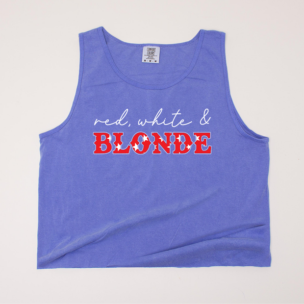 USA Patriotic -  Red, White, & Blonde Cropped Tank Top