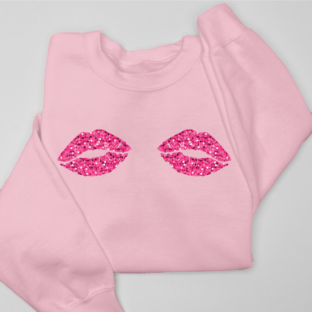 Glitter Lips Chest Valentines Day Sweatshirt Black Small