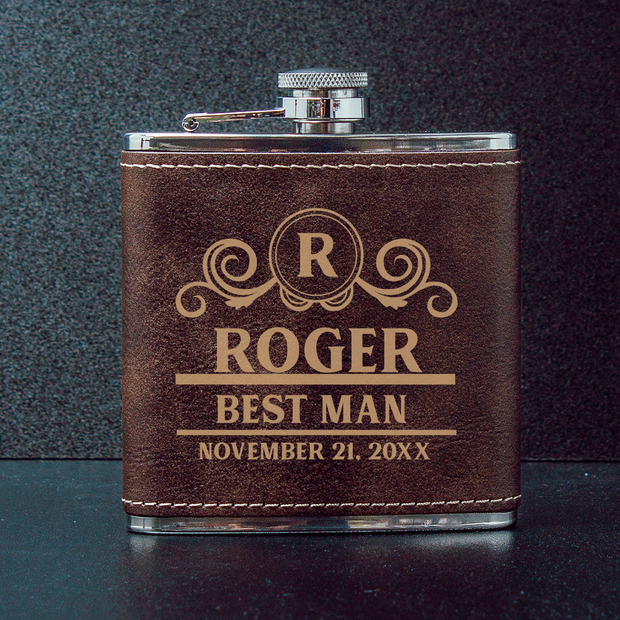 Best Man Monogram & First Name Leather Flask