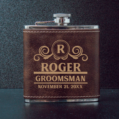 Groomsman Monogram & First Name Leather Flask