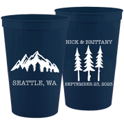 Wedding 114 - Names Date Trees Mountain - 16 oz Plastic Cups