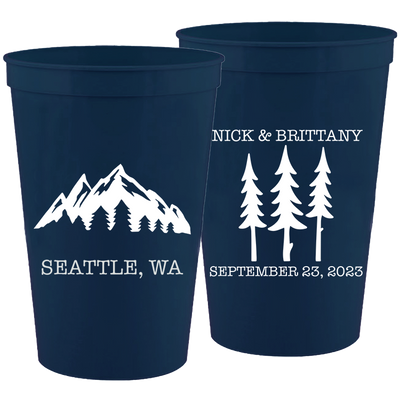 Wedding 114 - Names Date Trees Mountain - 16 oz Plastic Cups