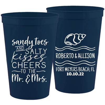 Wedding 096 - Sandy Toes And Salty Kisses Cheers To The Mr & Mrs - 16 oz Plastic Cups