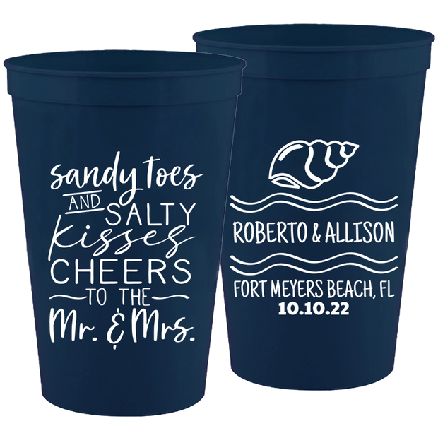 Wedding 096 - Sandy Toes And Salty Kisses Cheers To The Mr & Mrs - 16 oz Plastic Cups