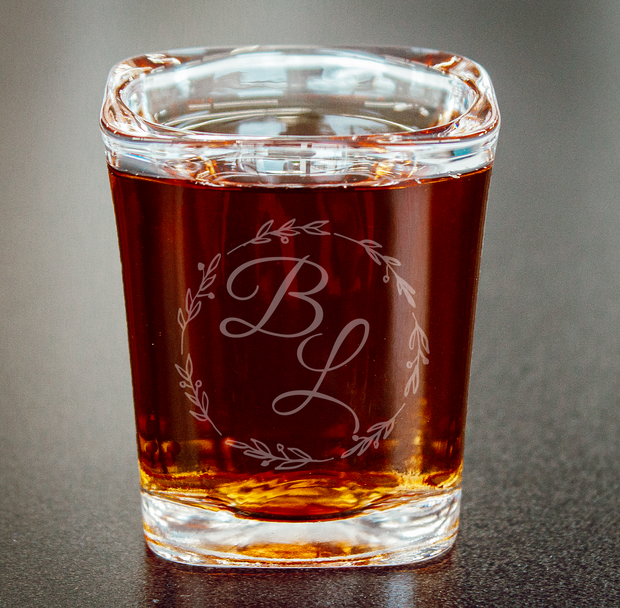 Shot Glass with Custom Engraved Initials in Wreath