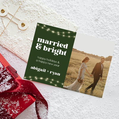 5x7 Christmas Card 01 - Married & Bright String Lights