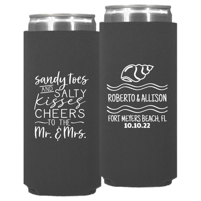 Wedding 096 - Sandy Toes And Salty Kisses Cheers To The Mr & Mrs - Neoprene Slim Can