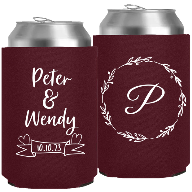 Wedding 101 - Last Name Initial With Wreath - Neoprene Can