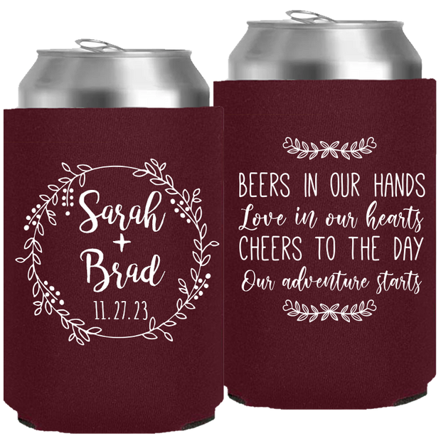 Wedding 107 - Beers In Our Hands Love In Our Hearts Circle Wreath - Neoprene Can