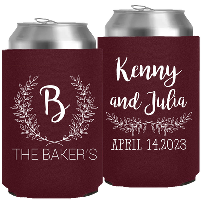 Wedding 147 - Last Name Initial With Leaves - Neoprene Can