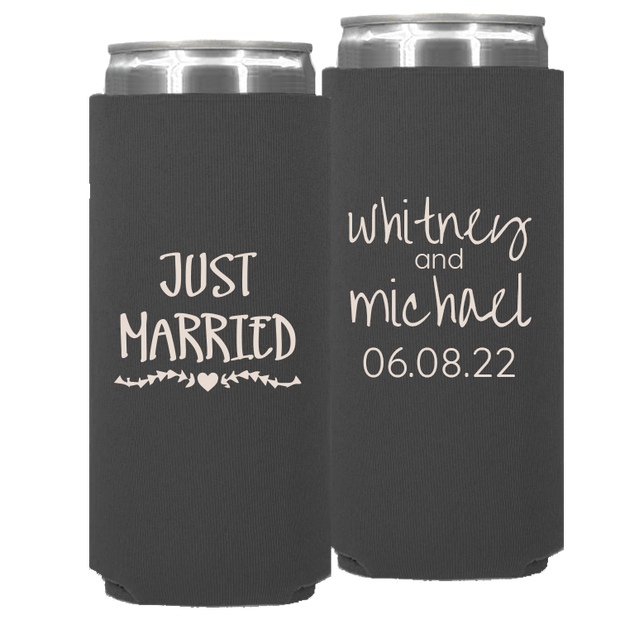 Wedding 047 - Just Married Names And Date - Neoprene Slim Can