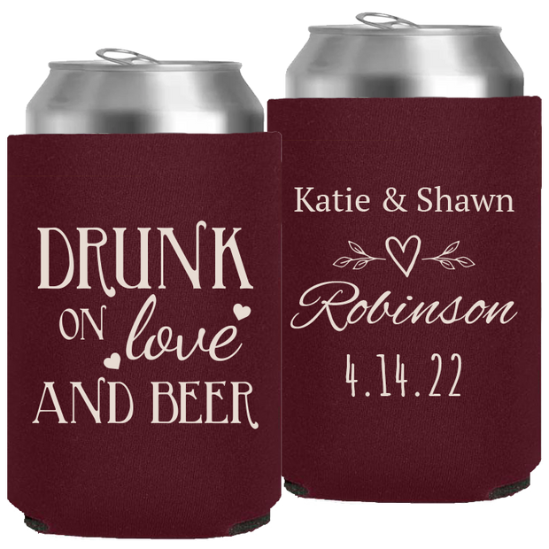Wedding 058 - Drunk On Love And Beer Heart Leaves - Neoprene Can