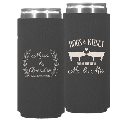 Wedding 064 - Hogs & Kisses With Leaves - Neoprene Slim Can