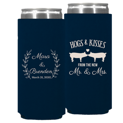 Wedding 064 - Hogs & Kisses With Leaves - Foam Slim Can