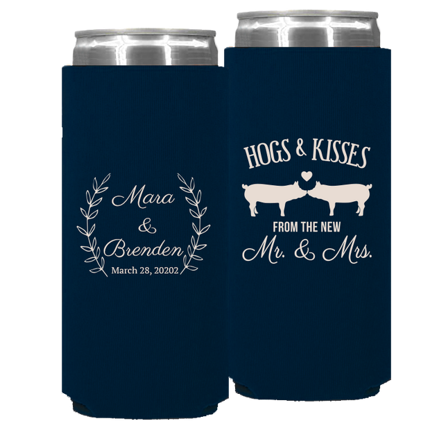 Wedding - Hogs & Kisses With Leaves - Foam Slim Can 064